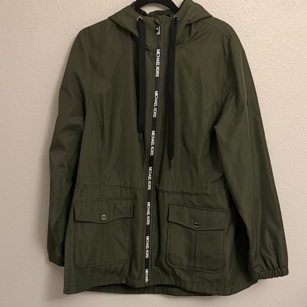 Michael Kors: Olive Green Hooded Rain Jacket